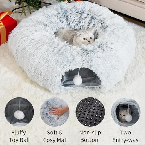 Cat Tunnels for Indoor Cats, Cat Tunnel Bed Under Christmas Tree, Collapsible Donut Tunnel for Medium & Large Cat, Peekaboo Cave Toy, Gray - Image 5