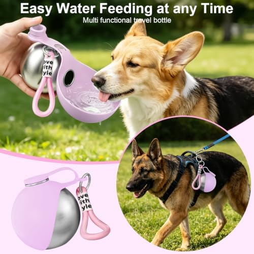 2 in 1 Dog Water Bottle with Bowl, 10oz Stainless Steel - Pink - Image 2