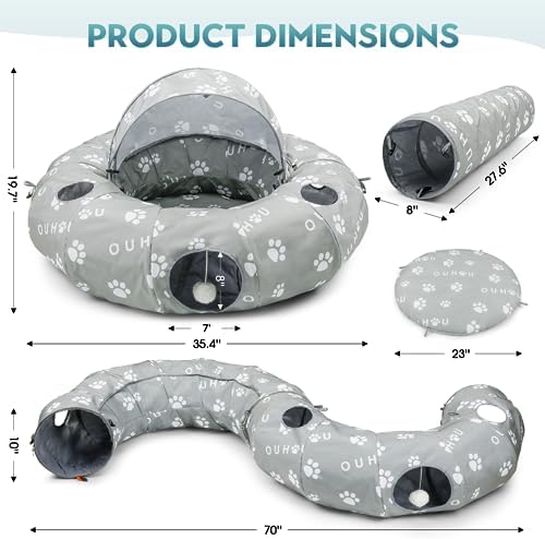 Cat Tunnel Bed for Indoor Cats, Donut Tunnel with Mat, Straight Tunnel, 4 Hanging Balls and Blackout Tent, Collapsible Peekaboo Cat Cave - Image 2