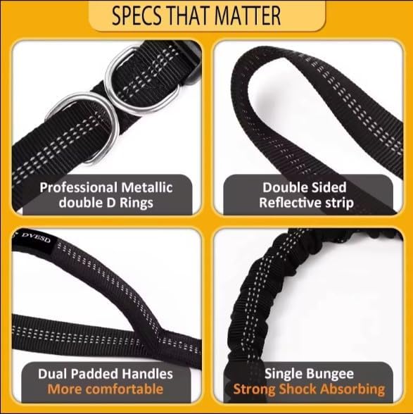 Hands Free Dog Leash with Adjustable Waist Belt, Dual Padded Handles, Elastic Bungee Ropes for Small to Large Dogs, Reflective Stitches for Walking, Hiking, Running and Biking. (Gray/Green, Large)
