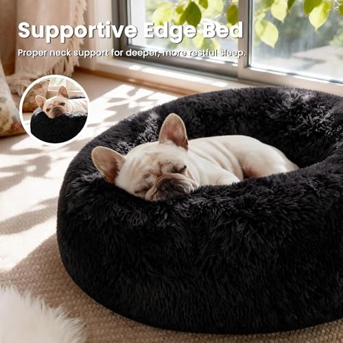Love's cabin Calming Cat Bed for Indoor Cats, Anti-Anxiety Donut Round Dog Bed,Fluffy Faux Fur Washable Pet Bed for Small Medium Dogs and Cats, Black, 24in - Image 2