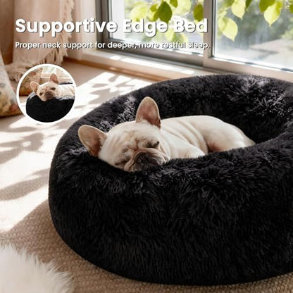 Love's cabin Calming Cat Bed for Indoor Cats, Anti-Anxiety Donut Round Dog Bed,Fluffy Faux Fur Washable Pet Bed for Small Medium Dogs and Cats, Black, 24in - Image 2