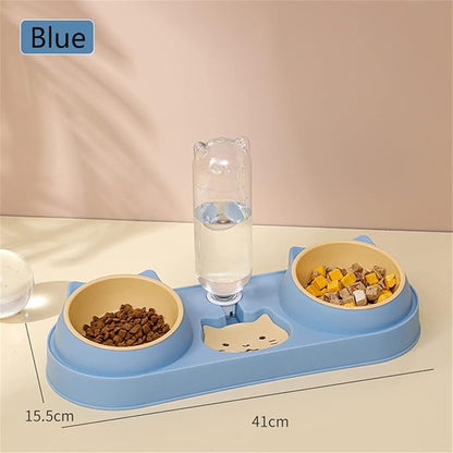 Mltao Pet Feeder, Sky Blue Automatic 3 in 1 Cat Feeder Bowl with Water Dispenser, Plastic Raised Cat Dishes, Wet and Dry Food Bowl Set for Small Dogs, Cats, Rabbits