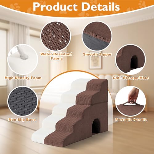 Ahpmeoa Dog Stairs for Bed 23'' H, 5-Step Dog Steps for High Bed, Brown - Image 4