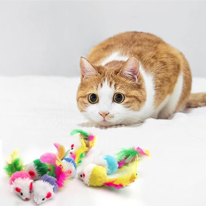 pawstrip Cat Mouse Toys 12 Pcs Rattle Mice for Indoor Cats Furry Feather Fake Mouse Kitten Interactive Play Squeaky Fur Mice Cat Toy Funny Kitty Tracking Game with Rattling Sounds