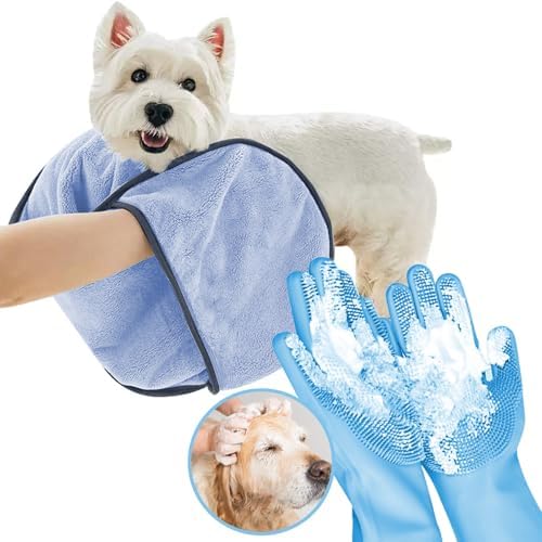Dog Washing Gloves - Quick Drying Dog Towel,Cat Bath Grooming Gloves Brush with High-Density Teeth for Bathing Massaging，Absorbent Pet Bath Towel 30.3"x13.8" with Hand Pocket for Dog Cat Blue by KUEIOX