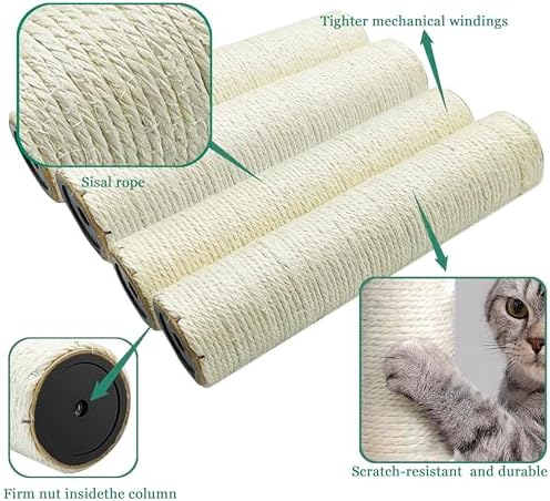 Cat Scratching Post Replacement Pole, 4 PCS 11.81in Cat Tree Replacement Post, Natural Sisal Cat Tree Replacement Parts with M8 Screws, Cat Scratch Post Replacement for Refurbishment - Image 4