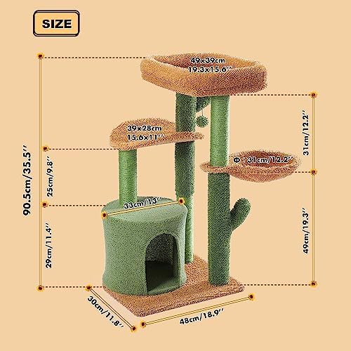 MUTTROS Cactus Cat Tree, Multi-Level Cat Tower with Large Metal Carpet Hammock, Cat Scratching Post for Indoor Cats with Condo & Replaceable Toy Ball, Green - Image 6