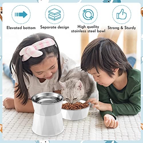 Lallisa 2 Pcs Elevated Cat Bowls Adjustable Raised Cat Feeder Non Slip Food Water with Stand Safe Stainless Steel Bowls with Pet Food Stand for Pets Feeding Eating(White) - Image 6