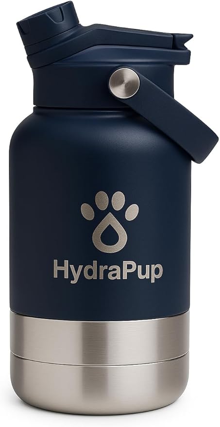 32oz Insulated Water Bottle with Dog Bowls – Human & Pet Shared Use, Stainless Steel Leakproof Travel Bottle (Navy Blue)