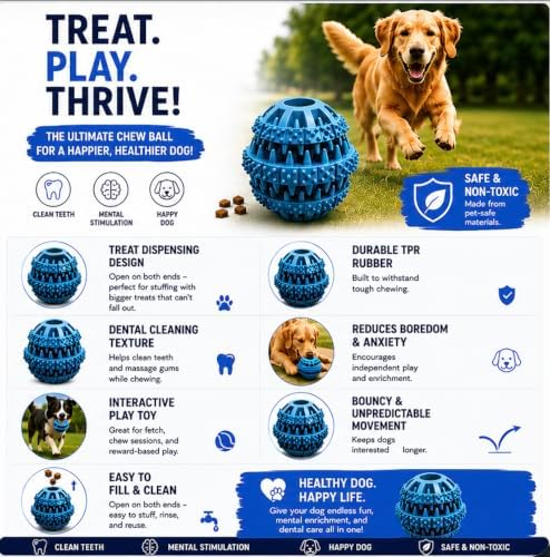 Rubber Dog Chew Toy Ball, Blue and Yellow, Bite-Resistant, Interactive Teeth Cleaning, Hidden Food Treat Dispenser for Dogs (Blue) - Image 2
