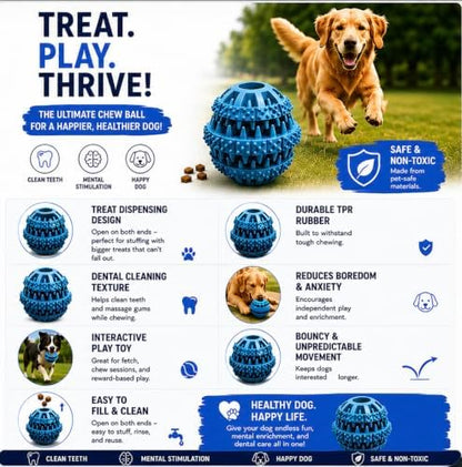 Rubber Dog Chew Toy Ball, Blue and Yellow, Bite-Resistant, Interactive Teeth Cleaning, Hidden Food Treat Dispenser for Dogs (Blue) - Image 2