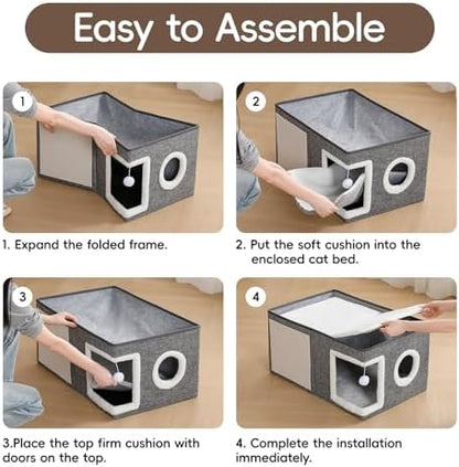 Extra-Wide Cat Houses for Indoor Cats, Large Cat Cave Bed with Fluffy Ball and Scratch Pad, Foldable Covered Kitten Bed for Multiple Cats, 23.6x16x13 inches, Grey - Image 7