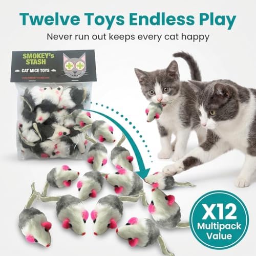 Smokey's Stash Gray and White Faux Fur Cat Mice Toy 12 Per Pack Multi Color Realistic Interactive Small Mouse with Rattle and Catnip Safe for Adult Cats and Kittens - Image 5
