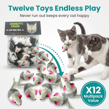 Smokey's Stash Gray and White Faux Fur Cat Mice Toy 12 Per Pack Multi Color Realistic Interactive Small Mouse with Rattle and Catnip Safe for Adult Cats and Kittens - Image 5