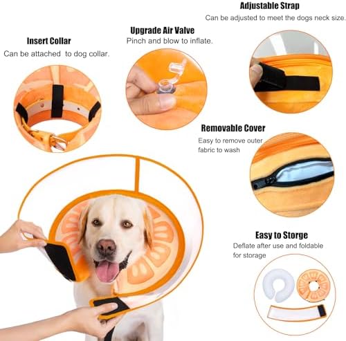 Inflatable Dog Cone Collar for Large Medium Small Dogs, Soft Dog Donut Collar Adjustable Recovery Cone for Pets After Surgery, Extra Enhanced Anti-Licking Guard Shield for Pets (Large, Orange) - Image 4