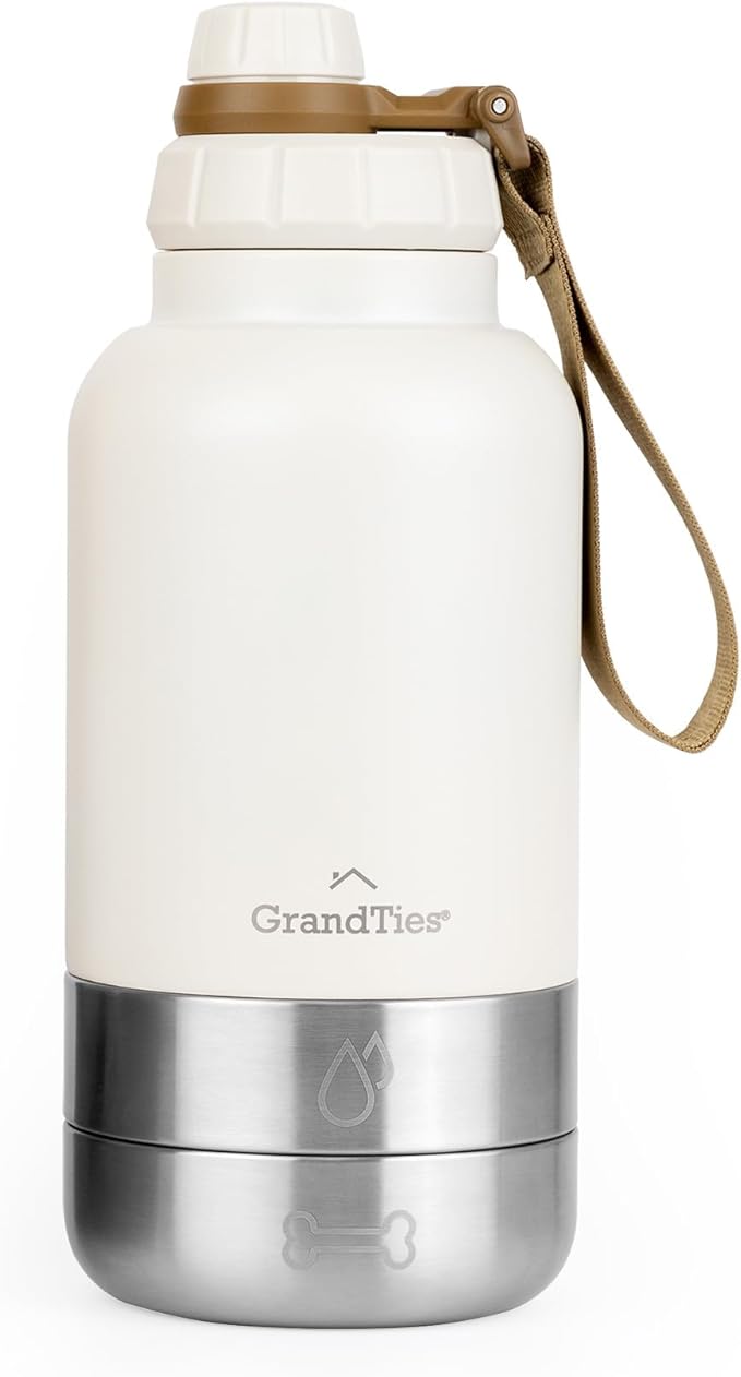 GrandTies Insulated Portable Dog Water Bottle with 2 Detachable Water Bowl Dispenser | Leak-Proof Dog Food Travel Container | Accessories for Dogs Walking, Hiking, Camping (32oz, Ivory White)