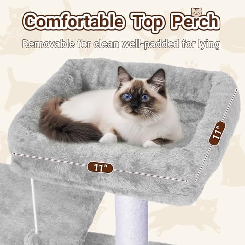 54-Inch Cat Tree Tower with 2 Caves & 2 Pompoms - Multi-Level Tower for Indoor Cats, Soft Plush Condo with Scratching Posts - Sturdy Base for Large Cats (Light Grey01) - Image 5