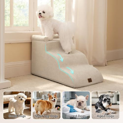 EHEYCIGA 3-Step Curved Dog Stairs for Small Dogs 14" H, Beige - Image 2