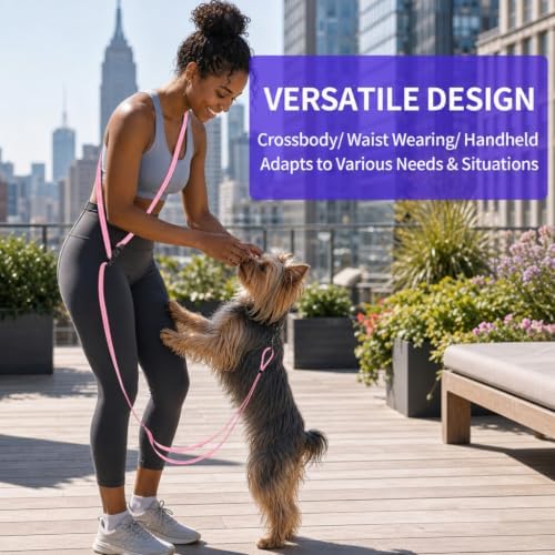 Kazazoo Hands-Free Dog Leash Adjustable Length 5-8 Ft,Waist & Crossbody Leash for Walking with Small Dogs Bichon Frisé & Teddy Reflective Strips, Ballistic Nylon, Waist Belt, Lightweight Pink - Image 3