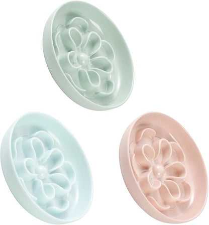 Melamine Cat Slow Feeder Bowl Set - Floral Maze Food Dishes for Cats and Small Dogs - Shallow Wide Plates for Dry & Wet Food - 3 Pack - Green & Blue & Pink