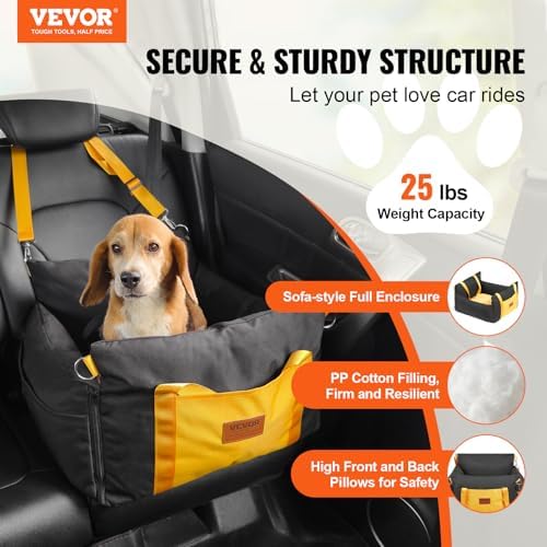 VEVOR Dog Car Seat, Waterproof Dog Booster Seat for Car with Side Handles and a Storage Pocket, Clip-On Safety Leash and PP Cotton Filling, Vehicle Bed for Small Dogs up to 25lbs, Black - Image 2