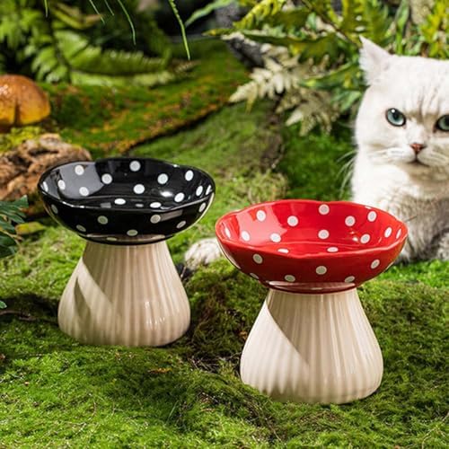 Mushroom Cat Bowl, Raised Ceramic Cat Food Dish for Whisker Fatigue, Forest Style Pet Water Bowl, Elevated Tilted Neck Protection Feeder for Indoor Cats & Small Dogs (Red & Black) by Whimsicalfox