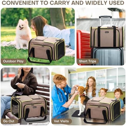 Pet Carrier, Large Soft Sided Expandable Travel Carrier with Steel Frame, Anti-Scratch Mesh, Removable Fleece Pad and Pockets for Cats, Dogs and Small Animals up to 15 lbs (Brown, 4 Sides Expandable) - Image 3