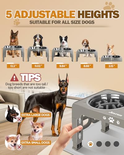 Jovrun Elevated Dog Bowls for Medium Large Dogs with Mat, Non-Slip Dog Feeder with 1*Stainless Steel Dishes & 1*Slow Feeder Bowl, 5 Heights Adjustable Raised Bowls for 3.15″-8.66″-9.84″-11.02″-12.2″ - Image 2