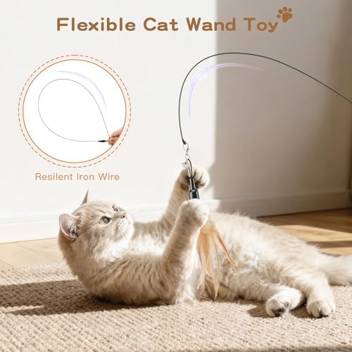 Pawaboo Cat Feather Wand Interactive Toy, 2 Feathers + 1 Wand with Bell - Image 2
