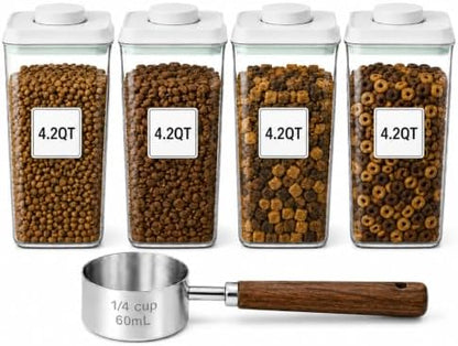 Pet Dog-Cat Airtight Food Storage-Container - 4.2Qt/4L jar(4Pc) with lid and 1/4Cup scoop | Holds 12–20 pounds of dry pet food | BPA-Free by USYOGO