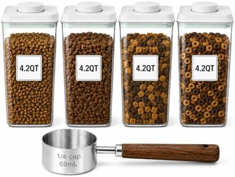 Pet Dog-Cat Airtight Food Storage-Container - 4.2Qt/4L jar(4Pc) with lid and 1/4Cup scoop | Holds 12–20 pounds of dry pet food | BPA-Free by USYOGO
