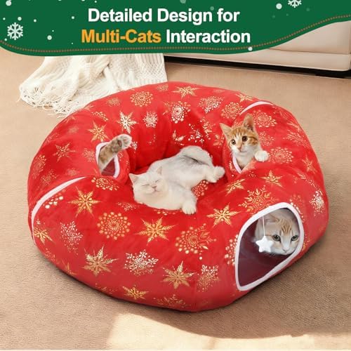 Cat Tunnel Bed for Indoor Cats, L Christmas Tree Skirts Washable Warm Soft Indoor Cat Donut Tunnel, Multifunctional Cat Interactive Playground Toys for Felines Pet Christmas Tree Decoration - Image 2