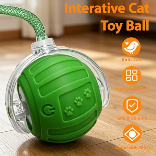 Interactive Cat Toys Ball for Indoor Cats, Automatic Self-Rolling, Motion-Activated, Bird Chirping Cats Dogs Ball Toy with Elastic Mesh Tail, Cat Enrichment Toys for Indoor Cats (Green) - Image 2