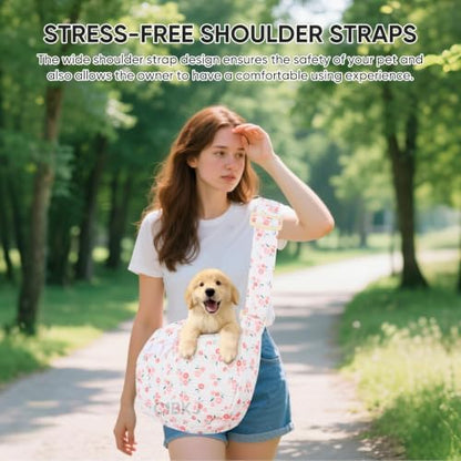 Small Dog Carrier Sling,Dog Slings for Small Dogs,Hand Free Dog Carrier Cat Sling for Outdoor Traveling Subway (Red Flower Adjustable) - Image 6