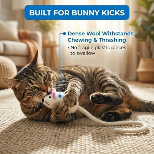 Glaciart One Mini Felt Mouse Cat Toy – Kitten & Small Cat Size, Natural Wool Catnip Toy, Soft Fuzzy Interactive Play Toy for Indoor Kittens, Safe Non-AZO Dyes, 1.4” Body with 12” Tail - Image 5