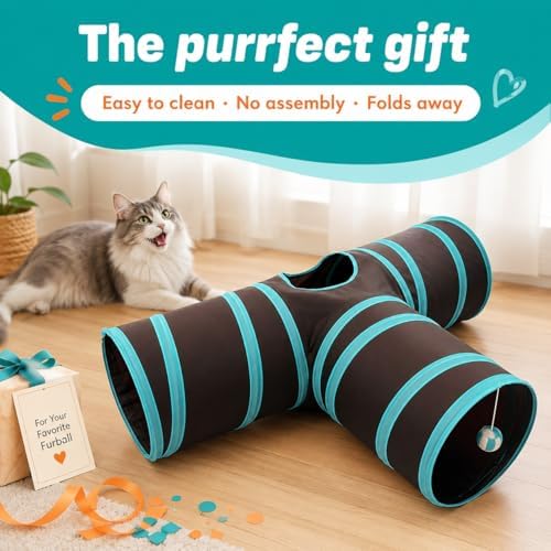 Cat Tunnel for Indoor Cats – 3-Way Collapsible Cat Tunnels with Hanging Ball & Peep Hole, Crinkle Pop-Up Play Tube Toy for Cats, Kittens, Puppies & Rabbits - Image 6