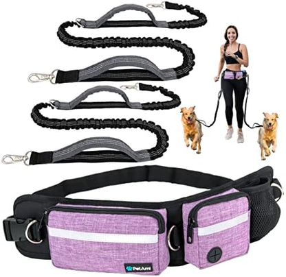 PetAmi Hands Free Dog Leash, Running Leash Belt Bag for Walking, Jogging, Waist Double Zipper Pouch with Poop Dispenser, Dual Padded Handles Reflective Bungee Double, Purple, 2 Leashes by PetAmi