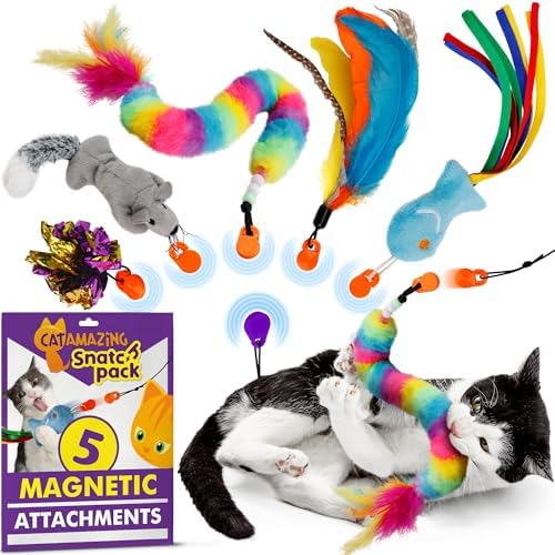 Cat Amazing Snatch Pack - 5 Magnetic Attachments for The Snatch Magnetic Wand Toy - Catnip Mouse, Rattle Snake, Crinkle Fish, Scrunchy Ball and Feather - Cat Teaser Toys - Really Catch! by CatAmazing