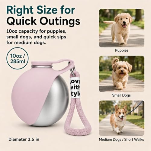 2 in 1 Dog Water Bottle Portable with Bowl, 10oz Stainless Steel, Pink - Image 2