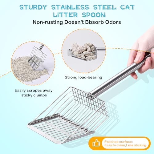PETOCAT Metal Cat Litter Scoop with Holder Stainless Steel Kitten Poop Scooper, 17.5" Heavy Duty Pet Poop Sifter for Cat Box, Long Handle Large Waste Shovel, Fast Sifting Big Clumps, Solid & Durable - Image 4
