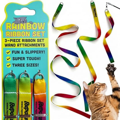 Cat Wand Refill Rainbow Ribbons 3-Pack, Cat Ribbon Toy, Cat Wand Attachments Rainbow Cat Toy, Official Ribbon Lure for interactive Forever Stick Cat Wand Toy, Kitten Ribbon Wand, Dancer Teaser Wand by Repounce