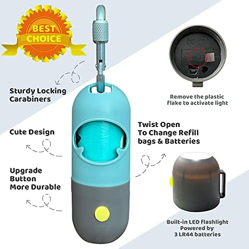 Dog Poop Bag Dispenser with Built-in LED Flashlight and Metal Clip for Leash, Pet Waste Bag Holder, Dog Walking Accessory, Crystal Blue - Image 2
