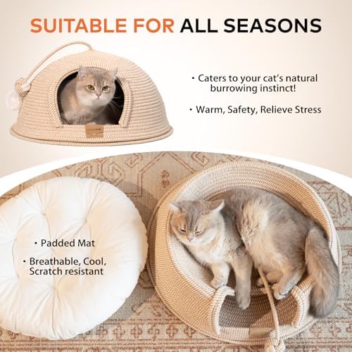 Cat Cave Bed with Washable Cushion and Ball, Handwoven Cotton Rope Cat Basket Bed for Indoor Cats Bed Covered, 3-in-1 Scratching, Playing & Sleeping, All Season Universal(White) - Image 2