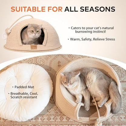 Cat Cave Bed with Washable Cushion and Ball, Handwoven Cotton Rope Cat Basket Bed for Indoor Cats Bed Covered, 3-in-1 Scratching, Playing & Sleeping, All Season Universal(White) - Image 2