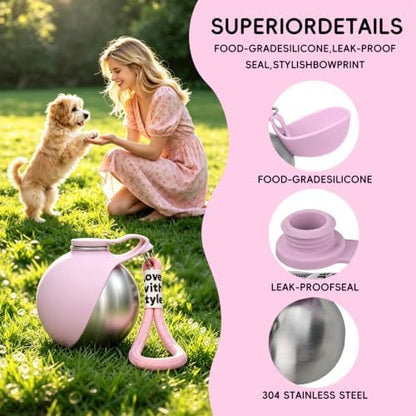 2in1 Portable Dog Water Bottle Portable,10oz Stainless Steel Leak Proof Pet Water Bottle Portable Dog Water Bottle Silicone Bowl,Outdoor Travel Water Bottle for Dogs Walking Hiking Camping, Pink - Image 3