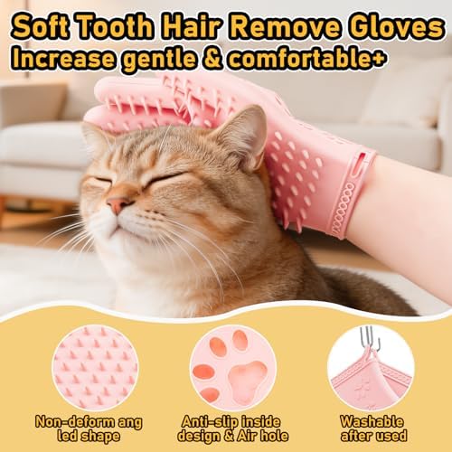 Hair Removal Glove & Pet Grooming Gloves 2 Pair, Upgrated Silicone Pet Hair Remover Gloves Shedding Glove for Long & Short Hair, Bath Grooming Glove with Gentle Brush for Horse Sensitive Pets, Pink - Image 4