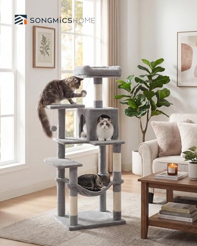 SONGMICS HOME Cat Tree for Indoor Cats, Multi-Level Cat Tower with Sisal Scratching Posts, Hammock and Condo, Light Gray - Image 2