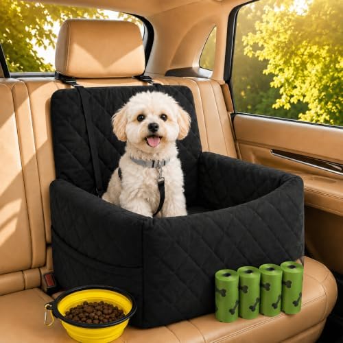 Dog Car Seat with 4 Poo Bag Rolls & Bowl – Booster Seat for Small & Medium Dogs, Detachable Washable Cover, Secure Buckles & Straps, Soft Cotton & Durable Polyester by Unknown