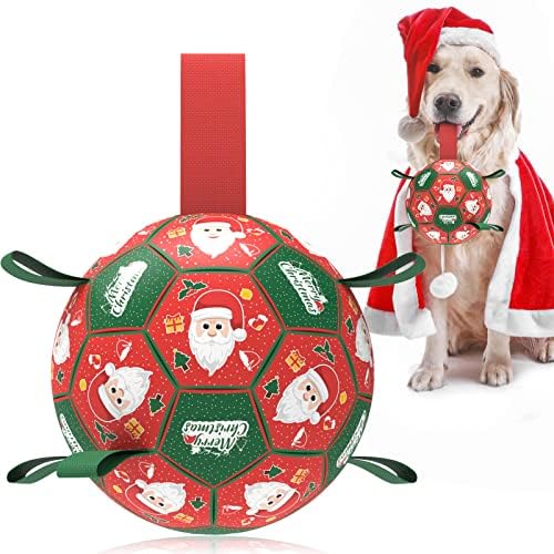 QDAN Christmas Dog Toys: Soccer Ball with Straps for Outdoor Play, Tug of War, Puppy Gifts - Durable 8-Inch Balls for Medium Large Dogs by QDAN